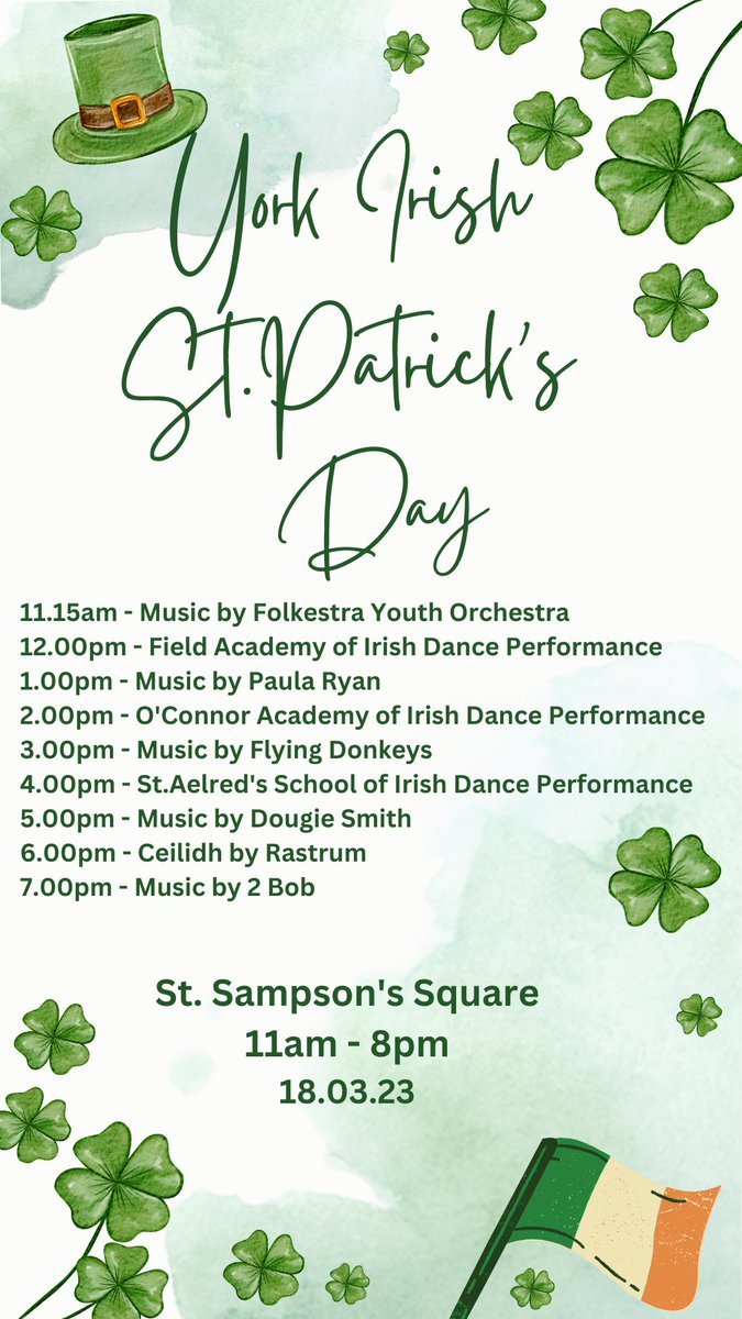 Here is the line up for the #YorkIrish St. Patrick's Festival 2023! One week to go ☘️☘️☘️