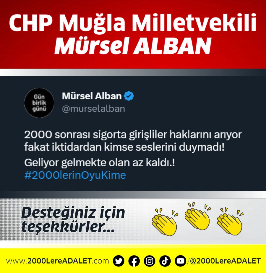 2000 sonrası sigorta girişliler haklarını arıyor fakat iktidardan kimse seslerini duymadı! Geliyor gelmekte olan az kaldı! #2000lerinOyuKime

Teşekkürler <a href="/murselalban/">Mürsel Alban</a> 👏👏👏

<a href="/herkesicinCHP/">CHP 🇹🇷</a>