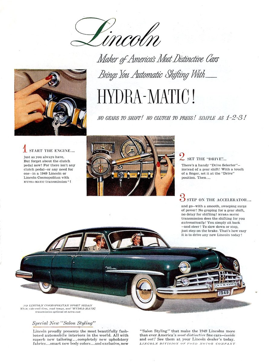 Mercomatic's tweet photo. 1949 #Lincoln #Cosmopolitan 4-Dr Sport Sedan; 337 cid #Flathead V8, 2 bbl, 152 hp; 3-speed manual. Lincoln's first post-war offering that wasn't based on 1942 cars. This was the senior of two models, and the Sport Sedan was by far the most popular body style. https://t.co/ZVykkFt4eG