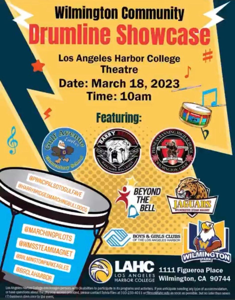 Join us for the first Wilmington Community Marching Drumline Showcase! March 18 at LAHC.

¡Únase a nosotros para el primer Showcase de Marching Drumline de la comunidad de Wilmington! 18 de marzo en LAHC.