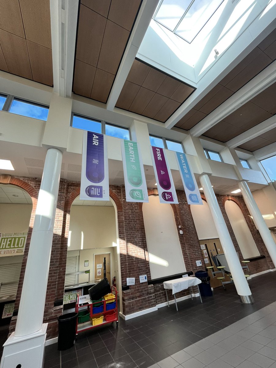 Gremedia2's tweet photo. Working in partnership with Engaging education to create 4 house team banners printed and installed at Elements academy, Dinnington. An effective way to display the house team names when there was no obvious wall space.#banners #displays #printing https://t.co/PhANQhGVao