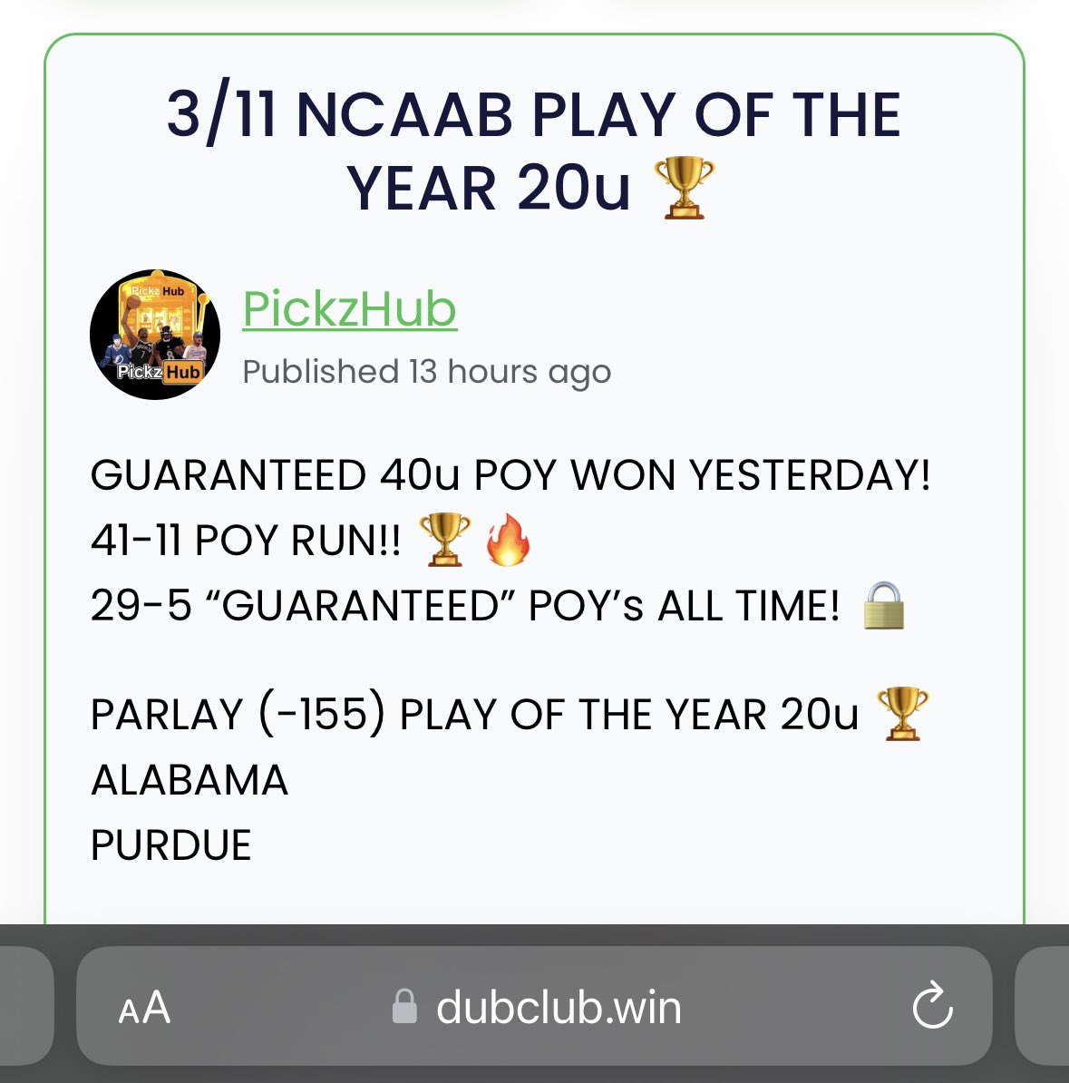 PickzHub's tweet photo. EASIEST PLAY OF THE YEAR WIN EVER! 🏆✅
$13,333 ON THE LINE EASY AND QUICK! 💰🤑

PARLAY (-155) POY 20u 🏆✅
ALABAMA ✅
PURDUE ✅

42-11 POY RUN!! 🏆🔥
2023 YTD: +543.53u 📈🔥 (YEAR HIGH)
2022: +603.74u 🎉 https://t.co/HExT1kue35