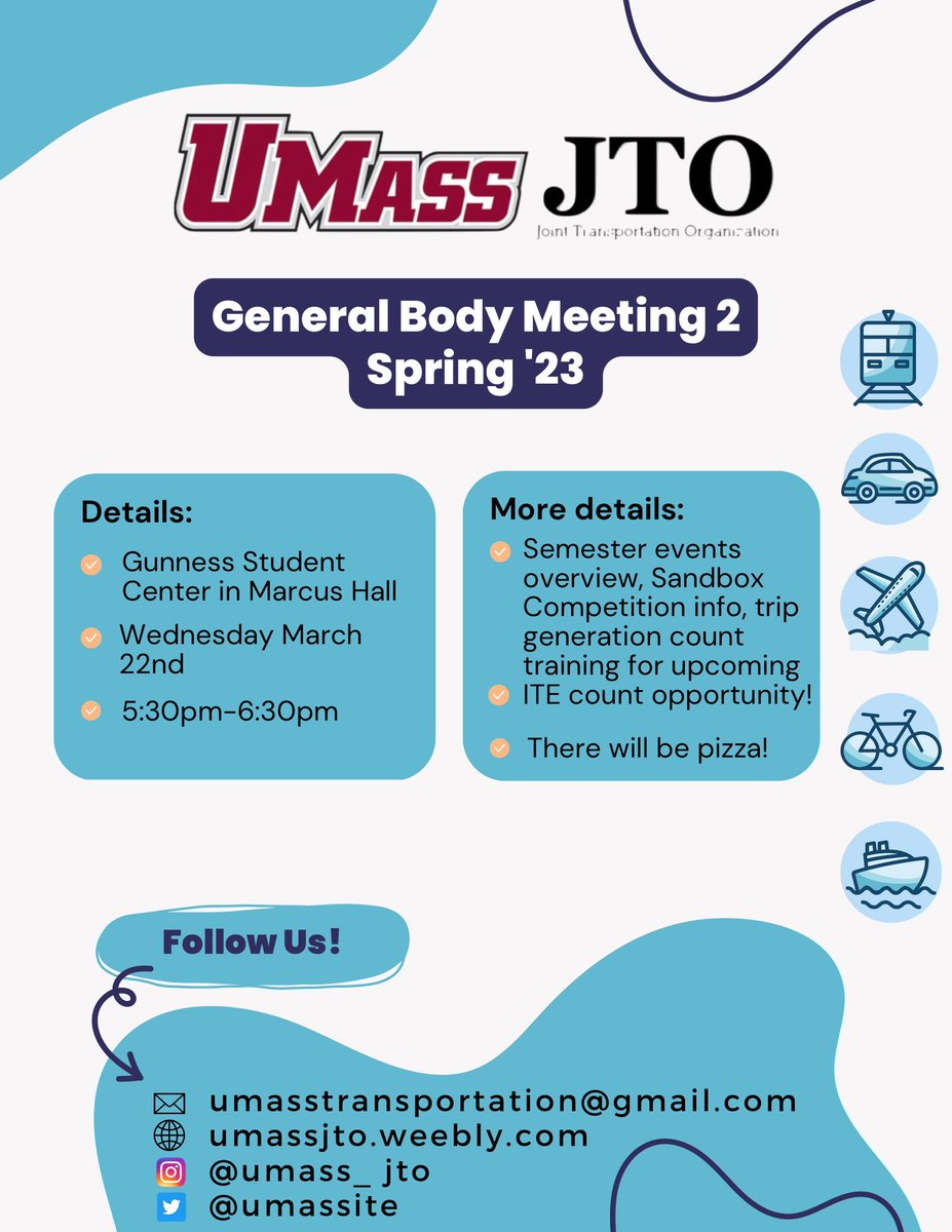 Hey All, our next General Body Meeting will be the Wednesday after spring break, March 22 from 5:30-6:30pm in the Gunness Student Center. See you there!