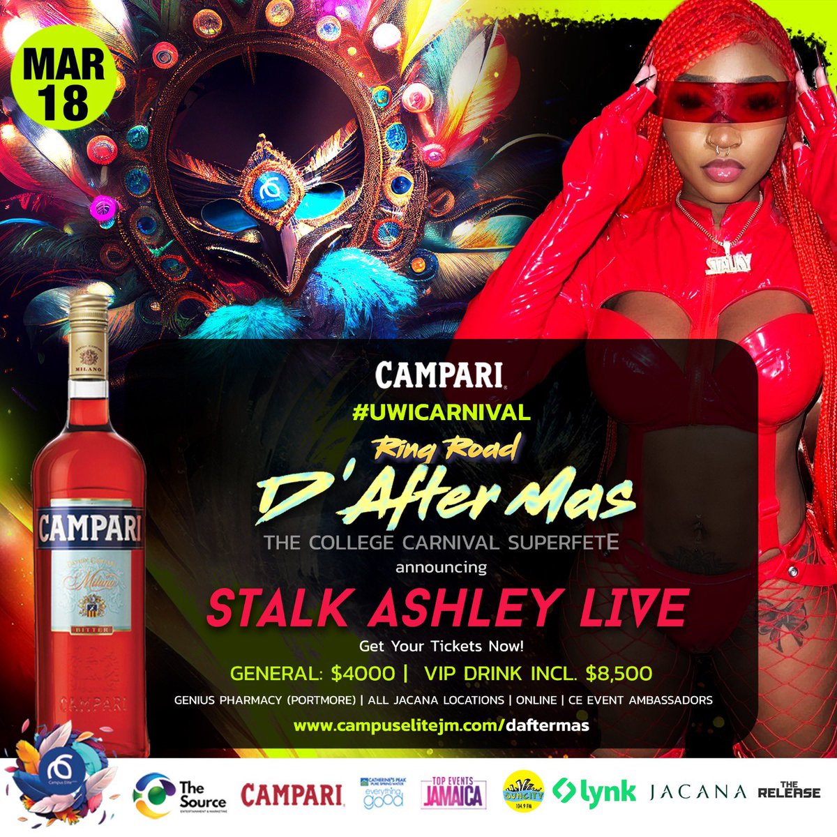 campuselitejm's tweet photo. The original Bad Gyal @stalkashley will make her UWI debut live at D’After Mas 😱🔥
Sat Mar. 18 UWI Mona 📍
The vibe continues right after Ring Road 💯  Gates open at 6PM 🕕 

Tickets now on sale at https://t.co/EXUHSKifCC
General: $4,000 - VIP: $8,500

#DAfterMas #UWICarnival23 https://t.co/hH4dHnIhIk