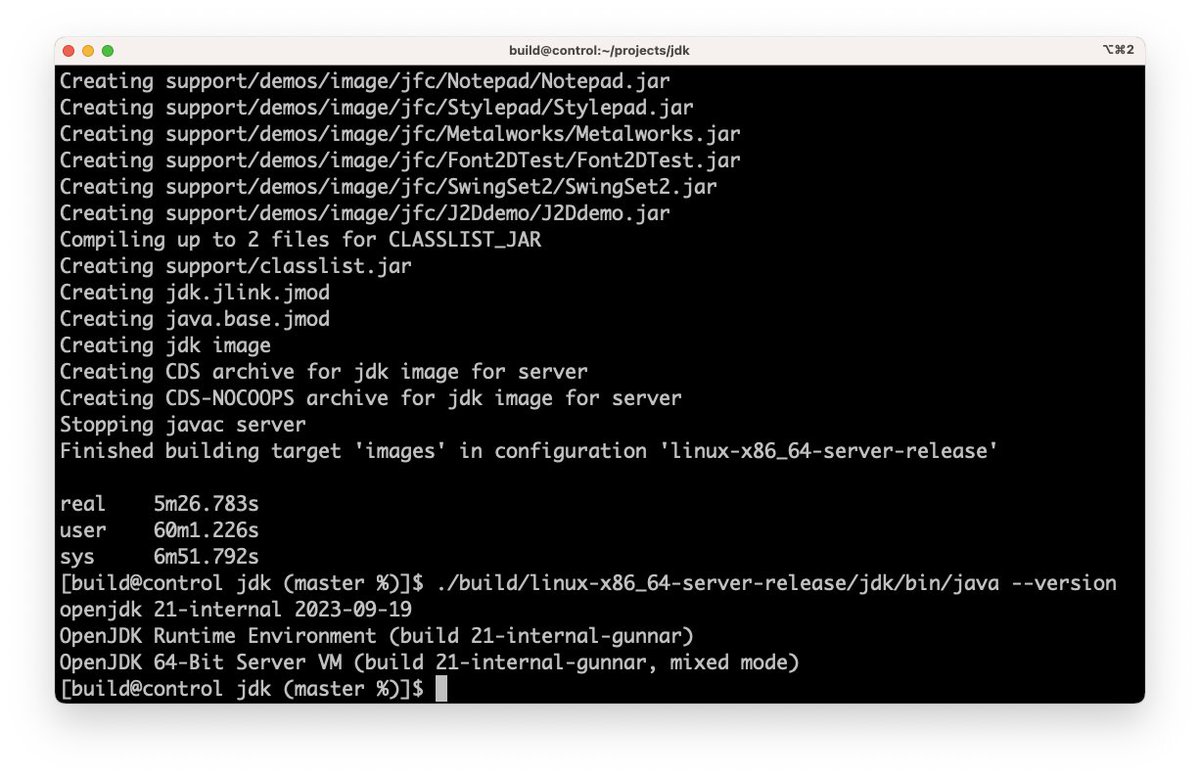 gunnarmorling's tweet image. Just built #OpenJDK from source for the very first time myself. A surprisingly smooth experience: just a few packages to install and then run `bash configure` + `make images`. With five min and a bit, also not taking very long. Noice 🤓!
