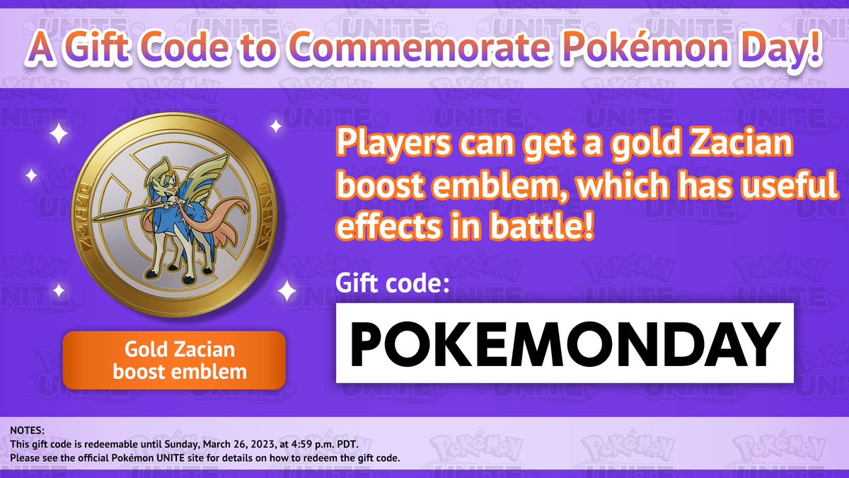 Pokémon UNITE on X: Happy Pokémon Day! Redeem the code POKEMONDAY before  March 31, and receive a free Gold Zacian Emblem! #PokemonUNITE #PokemonDay   / X