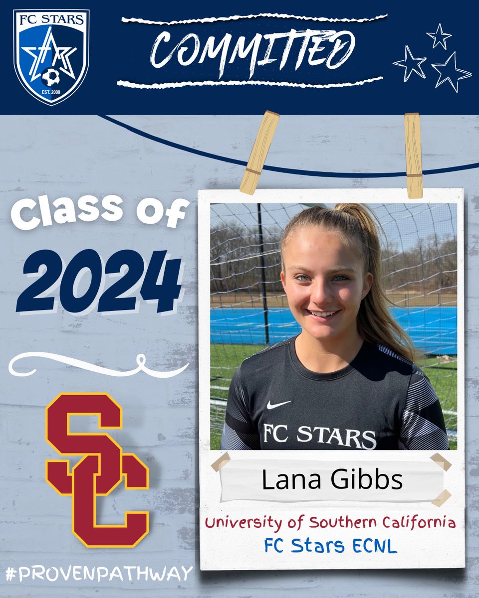 starsofma's tweet image. Congratulations to FC Stars ECNL Blue National Goalkeeper Lana Gibbs on her verbal commitment to play for @USC_WSoccer with the intent to study Biomedical Engineering! 💙⭐⚔️

#FCStars #StarsNation #ECNL #ProvenPathway #FightOn