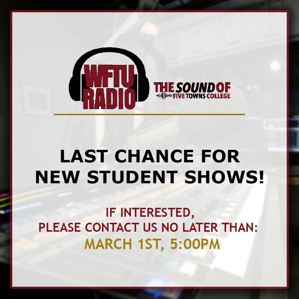 WFTURadio's tweet image. Are you looking to start a show in the Spring 2023 Semester?

If so, your last chance to apply is THIS WEDNESDAY by 5:00pm! Please reach out to us via email or by visiting the station if you&apos;d like to start a show!