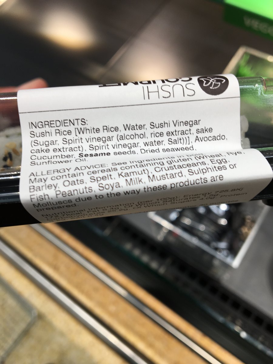 insideeat's tweet image. The sushi products sold at Sainsbury's supermarkets with the "Veggie" logo and the statement "Suitable for vegetarians" contain alcohol.
Although the alcohol is derived from vinegar, there is no additional warning on the product label regarding this.
@sainsburys