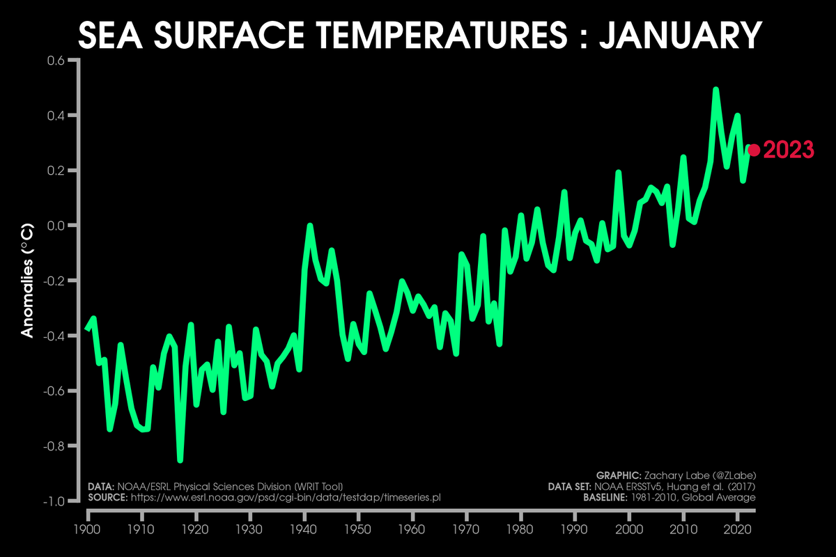 ZLabe's tweet photo. Global mean sea surface temperature anomalies (departure from average) so far this year ➡️ 6th highest on record

[Data from @NOAA ERSSTv5 averaged for each January] https://t.co/8JBnXzFFsG