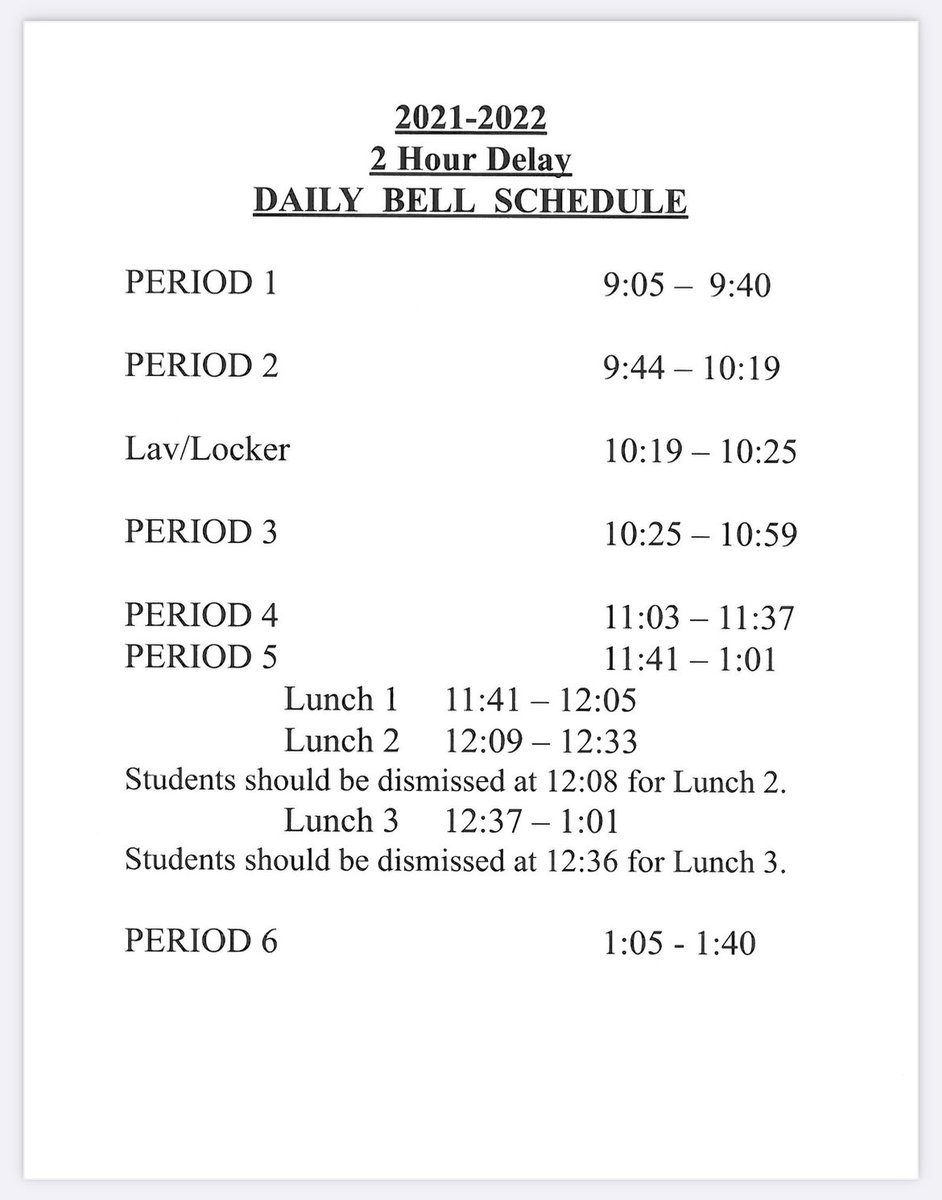 Two hour delay schedule for tomorrow 2/28 ⬇️ <a href="/DrCSJones/">Christopher Jones</a> <a href="/wh_classof2023/">WH SENIORS 2023</a> <a href="/WH_2024/">WH Class Of 2024</a>