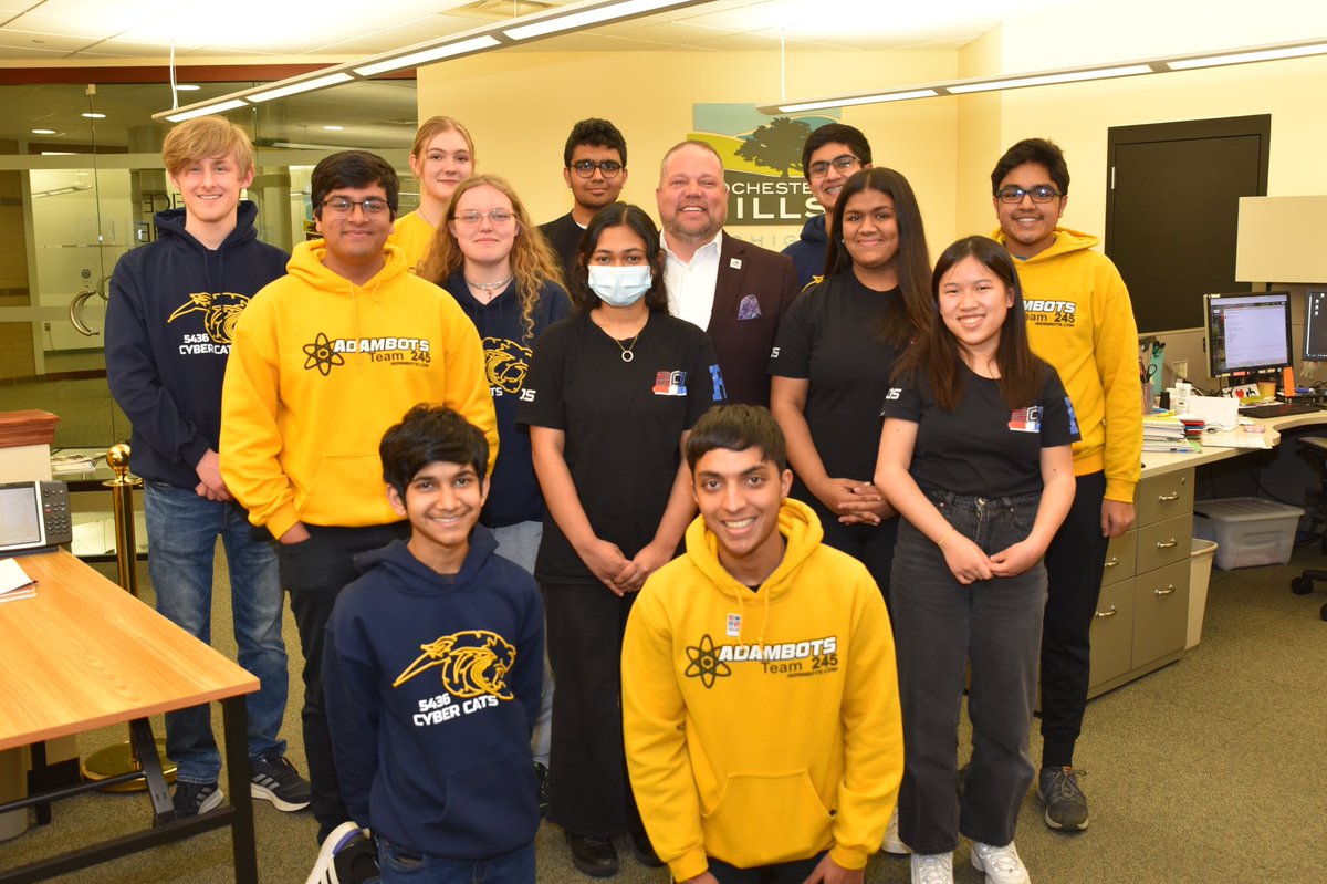 Honored to host Rochester United, the combines robotics teams from <a href="/RHSFalcons/">Rochester High School</a>, <a href="/WeAreSCHS/">Stoney Creek High School</a> and <a href="/AHSHighlanders/">Adams High</a> today.  These students are passionate about STEM and are the brightest in the state.   <a href="/RochesterHills/">Rochester Hills</a> is the nation’s leader in robotics and the future is bright!