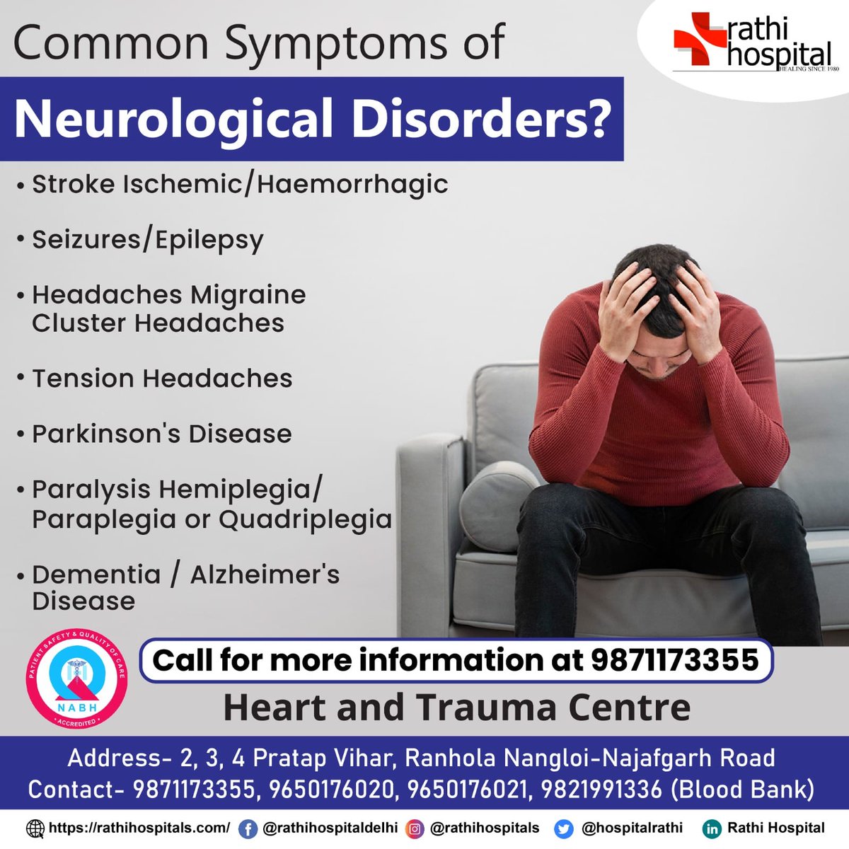HospitalRathi's tweet photo. Don't worry if you are facing any of these symptoms. We are here to provide the best possible treatment. Book your appointment today at 9871173355
.
.
#Rathihospital #neurology #neurology #neurological #tensionheadache #headache #Multispecialisthospital #multispecialityhospital https://t.co/5vzcxM4hiU