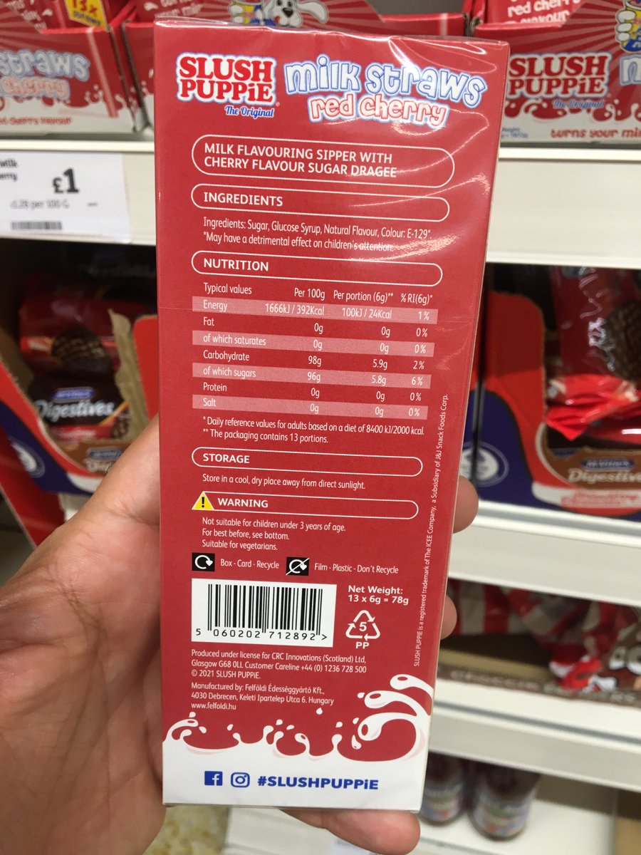 insideeat's tweet image. These red-colored candies contain E129, also known as Allura Red. Allura Red may have a detrimental effect on children's attention. While this warning is present on the product label, the full name of this unhealthy coloring agent is not disclosed to the consumer.
@SlushPuppieUK