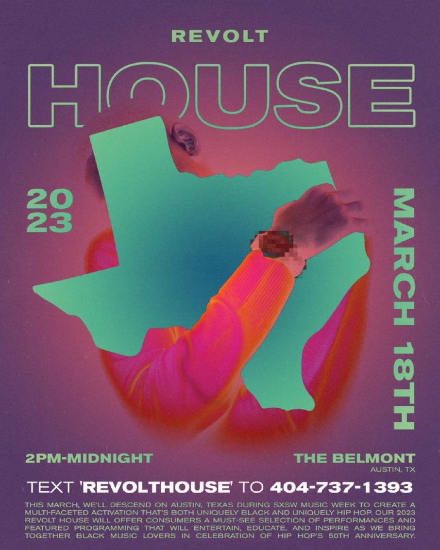 🏠 REVOLT HOUSE AT #SXSW

RSVP by texting ‘REVOLTHOUSE’ to 404-737-1393

📆 Saturday 3/18
📍 The Belmont

A “multifaceted activation” celebrating the 50th anniversary of hip-hop

P.S. they’ve gone huge in the past… in 2019 they had DMX, Childish Major, Sada Baby and more