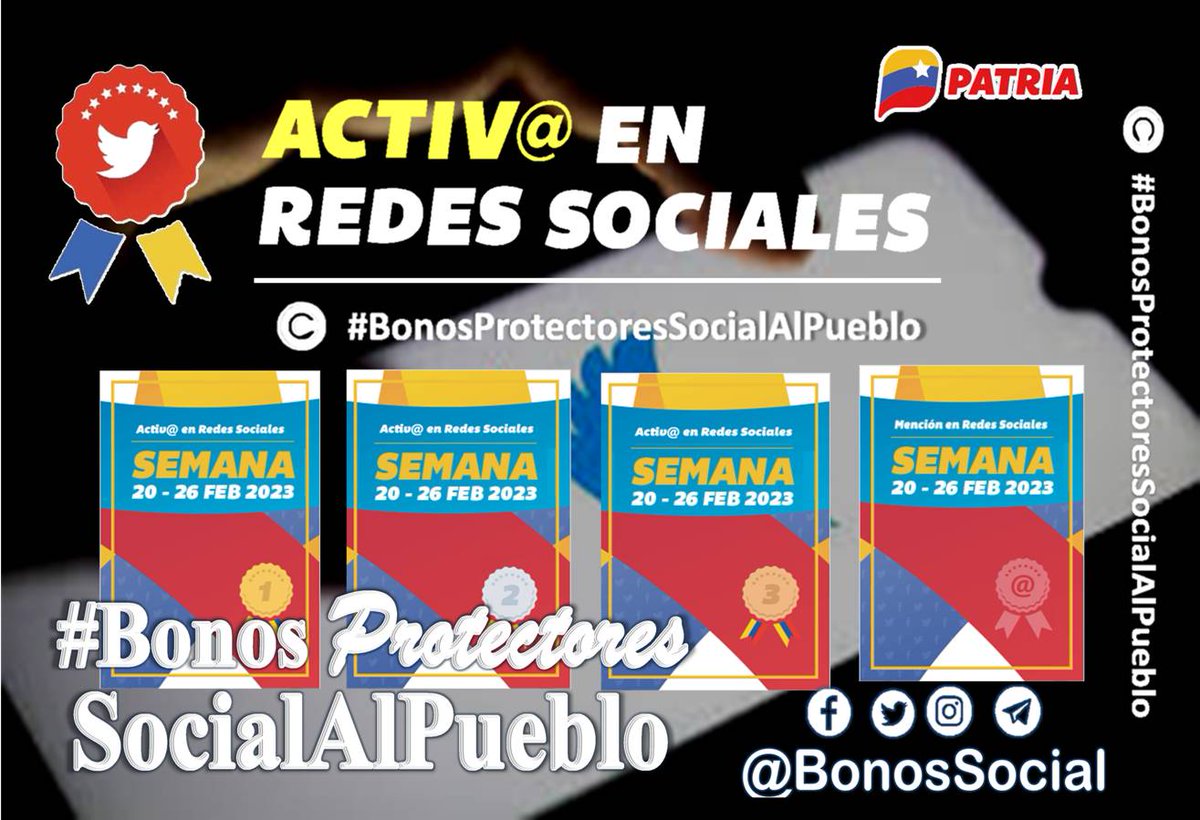 🚨 #ÚLTIMAHORA: Inicia la entrega de los logros, premio y mención en redes sociales a través del Sistema 
<a href="/CarnetDLaPatria/">Carnet de la patria</a> para los #TuiteroPatria más destacados de la semana comprendida del #20Feb al #26Feb de 2023.

<a href="/BonosSocial/">Bonos Protectores Social Al Pueblo</a>
#27FRebeliónAntimperialista
