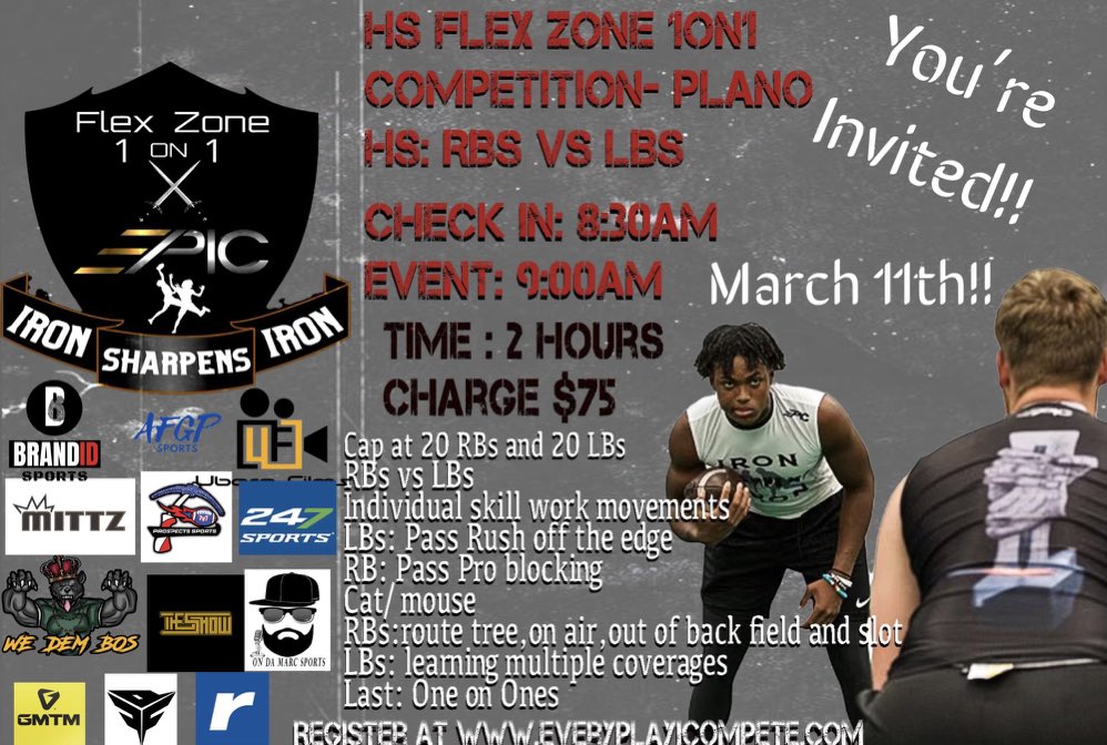 I see a lot of LB heat signing up for the @IAMEPIC247 Flex Zone RB/LB showcase on March 11th! When you have the @nfl OGs @C__Robertson, @mariohaggan57 & @DonnieBaggs_ evaluating, you gotta show out! 😤