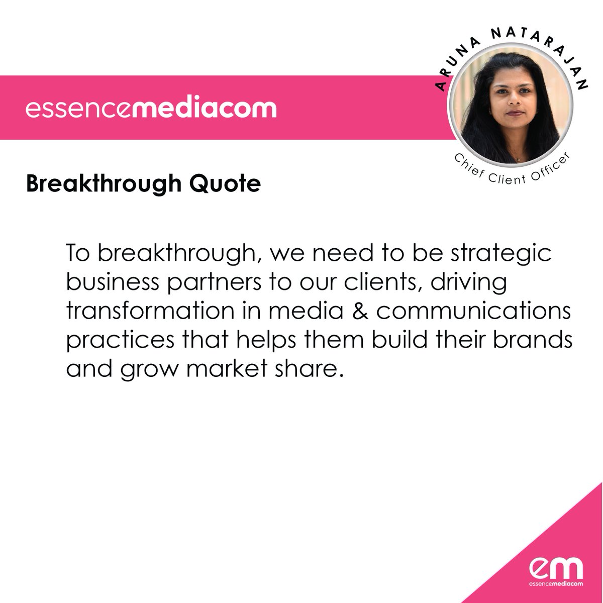 emc_usa's tweet image. The next leader we are introducing is Aruna Natarajan, Chief Client Officer at EssenceMediacom US. 

Aruna shares how EM will bring breakthrough thinking to our clients🤝

#thoughtleadership #media #clientservices