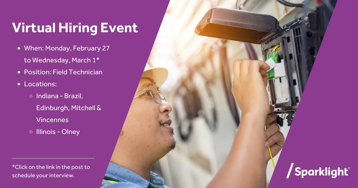 sparklightcares's tweet image. Sparklight is hosting a virtual #hiring event with Indeed for #FieldTechnicians in #EdinburghIN #BrazilIN #MitchellIN #VincennesIN #OlneyIL from Feb. 27-March 1. Schedule your interview today: indeedhi.re/3ImWBX9 #SparklightCareers