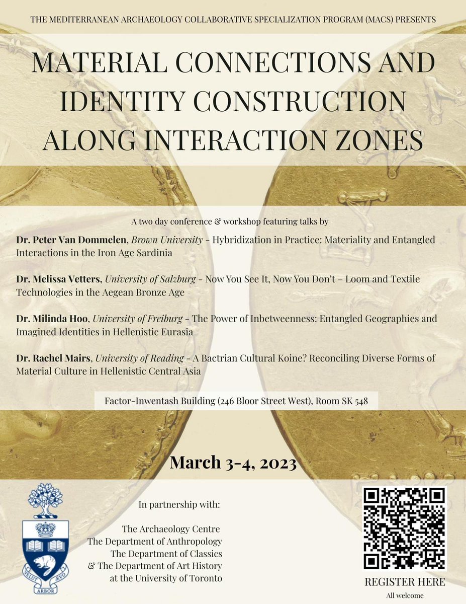 Join <a href="/MacsUofT/">Mediterranean Archaeology UofT</a> for 'Material Connections and Identity Formation along Interaction Zones' a two-day conference &amp; workshop on marginality in the ancient world!

When: March 3-4
Where: SK548 Factor-Inwentash (246 Bloor St W.)
Registration open to all: docs.google.com/forms/d/e/1FAI…