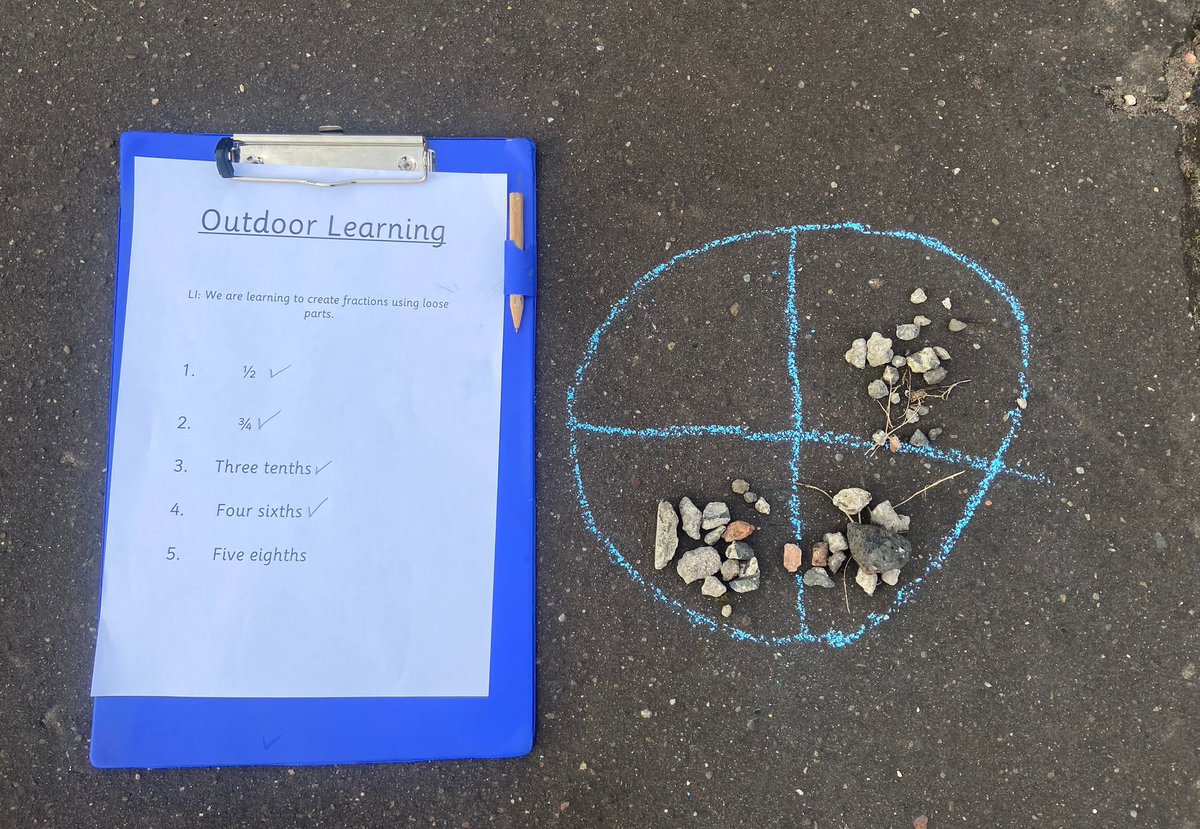 KingsOakSchool's tweet photo. Primary 4 enjoyed bringing our learning about fractions to life during outdoor learning. We searched for loose parts and used them to show pictorial representations of fractions! Fantastic effort from all children!!⭐️ #KingsOakP4  @KingsOakSchool https://t.co/cWzhogJr7A
