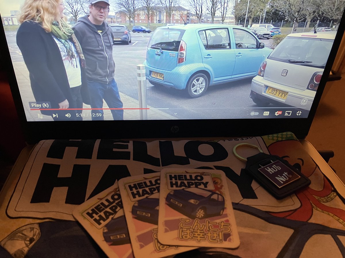 RetroMatt74's tweet image. As a new Daihatsu owner, I naturally needed some appropriate merch... thanks @HubNutVids and @MissHubnut  for the great #hellohappy stuff!  Great addition to my small japanese journey!