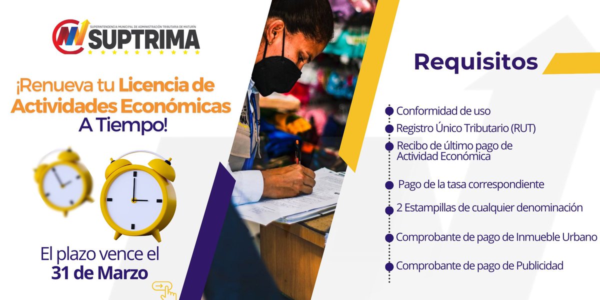 Suptrima's tweet photo. ¡Renueva tu Licencia de Actividades Económicas a tiempo! ⏰

Consulta los requisitos en este post 👆🏻. 

‼️Recuerda que tienes hasta el 31 de Marzo para realizar éste trámite. 

Evita sanciones. https://t.co/6Tq5FFY2Xz
