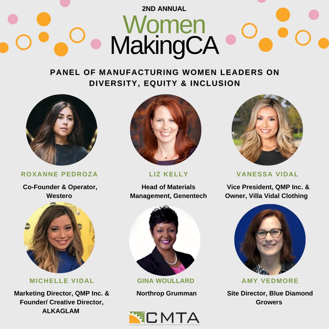 cmta's tweet image. Panel Announcement!✨
Our panel of six manufacturing leaders will discuss diversity, equity, and inclusion in the industry. We are excited to hear from these inspiring women at our #WomenMakingCA event on March 8. #WomensHistoryMonth @Roxanne_Pedroza