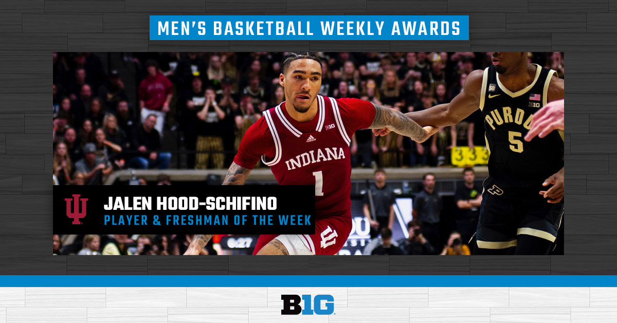 B1GMBBall's tweet photo. 🏀🏅 Congrats to this week's #B1GMBBall honoree!  https://t.co/2fGgdPTkwu

𝙋𝙡𝙖𝙮𝙚𝙧 𝙖𝙣𝙙 𝙁𝙧𝙚𝙨𝙝𝙢𝙖𝙣 𝙤𝙛 𝙩𝙝𝙚 𝙒𝙚𝙚𝙠: Jalen Hood-Schifino, @IndianaMBB https://t.co/tw6BRE8krn