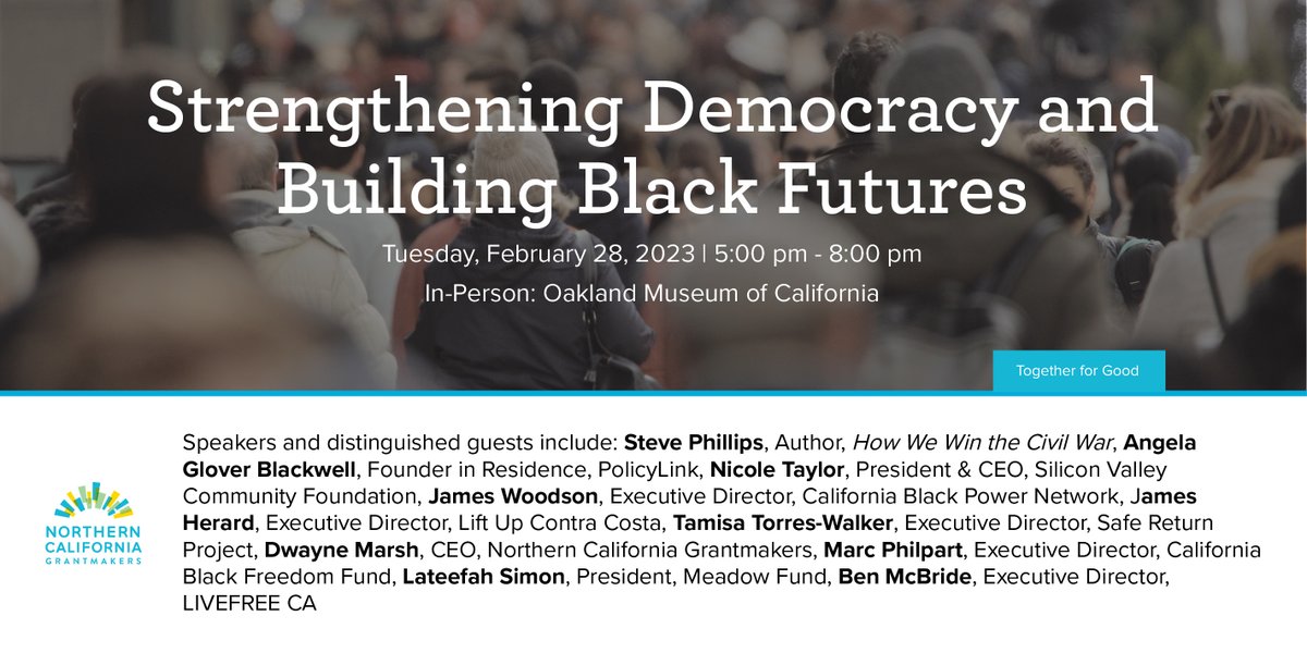 RT @NorCalGrant: Join us tomorrow evening at the @oaklandmuseumca for an exciting community-building event & powerful conversations with a distinguished panel. @CABlackFreedom @policylink @aimeeallison @_shethepeople @StevePtweets @lateefahsimon @BlkPowe…