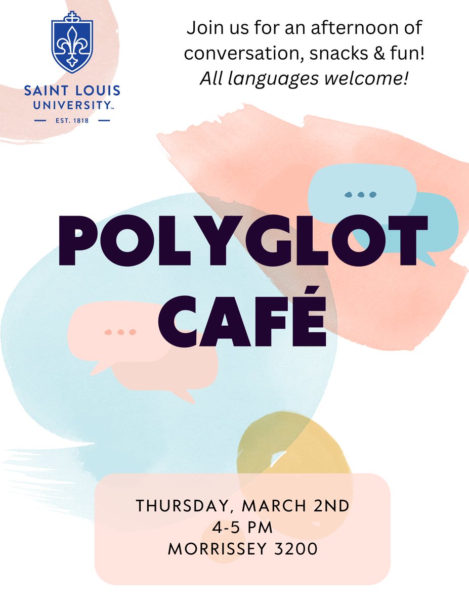 ☕Polyglot Café is back!
🗣We are very excited to welcome language students from all levels to spend an afternoon of conversation and games in all foreign languages taught at SLU!
📅Mark your calendars for Thursday, March 2nd at 4 PM in the LRC, Morrissey Hall 3200.
👋See you!