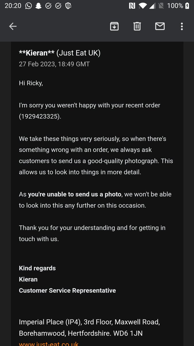 evilrix's tweet photo. @JustEatUK shocking customer service! https://t.co/naulQqPYmt