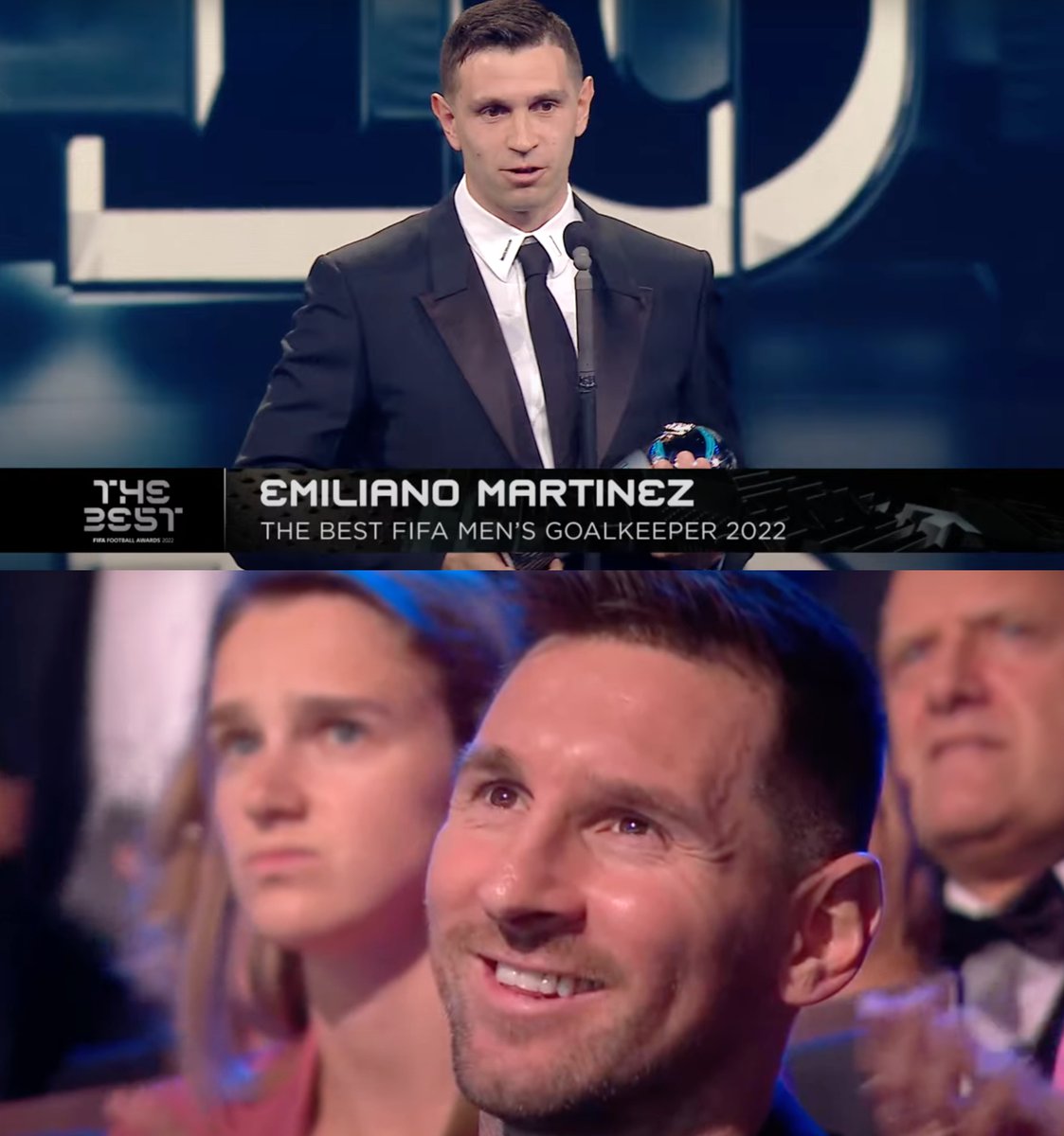 InvictosSomos's tweet image. La sonrisa de Lionel Messi viendo al Dibu Martínez ganar el Premio The Best al Guardameta de la FIFA. Qué linda imagen. Qué momentazo. Su guardián. SU PORTERO.