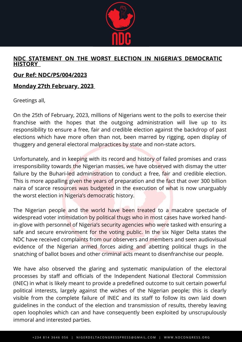 JaypeeGeneral's tweet photo. BREAKING: Niger Delta Congress (NDC) STATEMENT ON THE WORST ELECTION IN NIGERIA’S DEMOCRATIC HISTORY. 
#NigeriaDecide2023 #NigeriaElections2023 #ElectionResults https://t.co/LLw1gT1Ux2