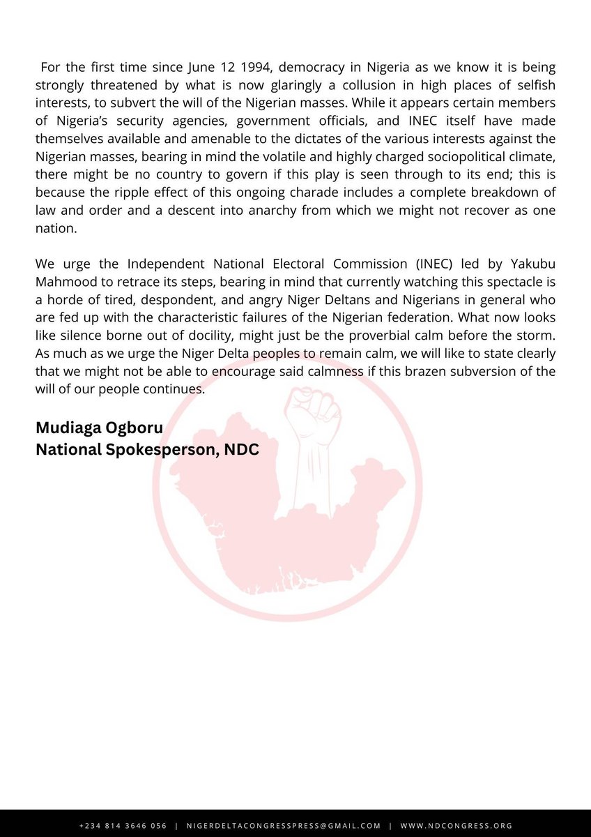 JaypeeGeneral's tweet photo. BREAKING: Niger Delta Congress (NDC) STATEMENT ON THE WORST ELECTION IN NIGERIA’S DEMOCRATIC HISTORY. 
#NigeriaDecide2023 #NigeriaElections2023 #ElectionResults https://t.co/LLw1gT1Ux2