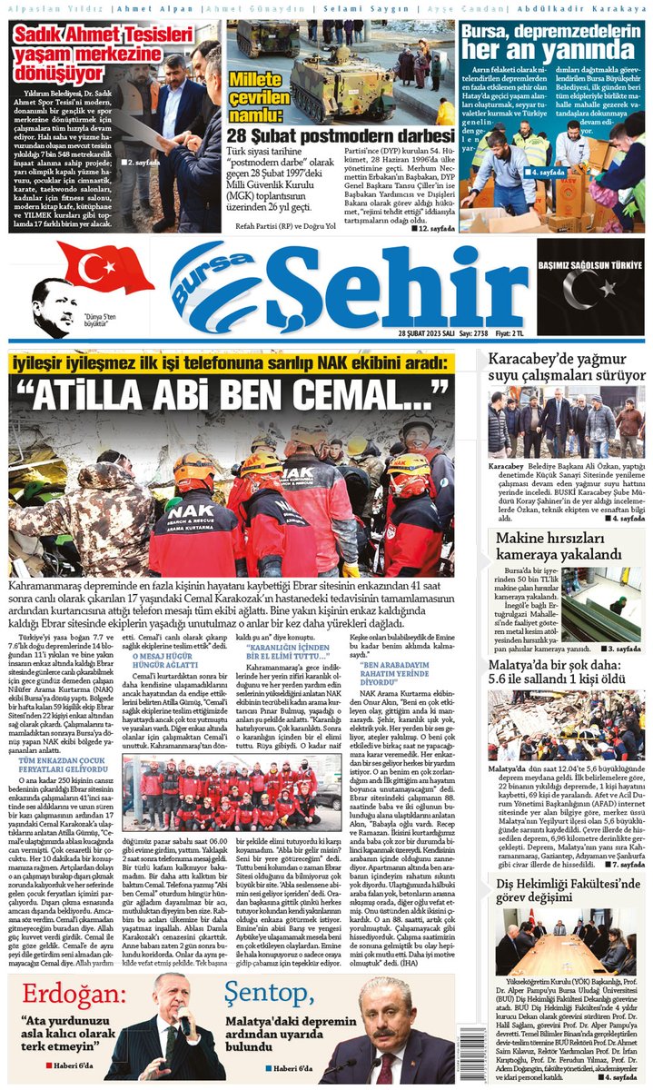 BursaSehir's tweet photo. Bursa Şehir Gazetesi | 28 Şubat 2023 Manşet📌

İyileşir iyileşmez ilk işi telefonuna sarılıp NAK ekibini aradı: "Atilla abi ben Cemal"...

https://t.co/OevVHLHggj

@nak_sar #deprem #NAK #NilüferAramaKurtarma #Hatay #Kahramanmaraş #EbrasSitesi 
@AsilhanKose https://t.co/uS1JOYEMl3