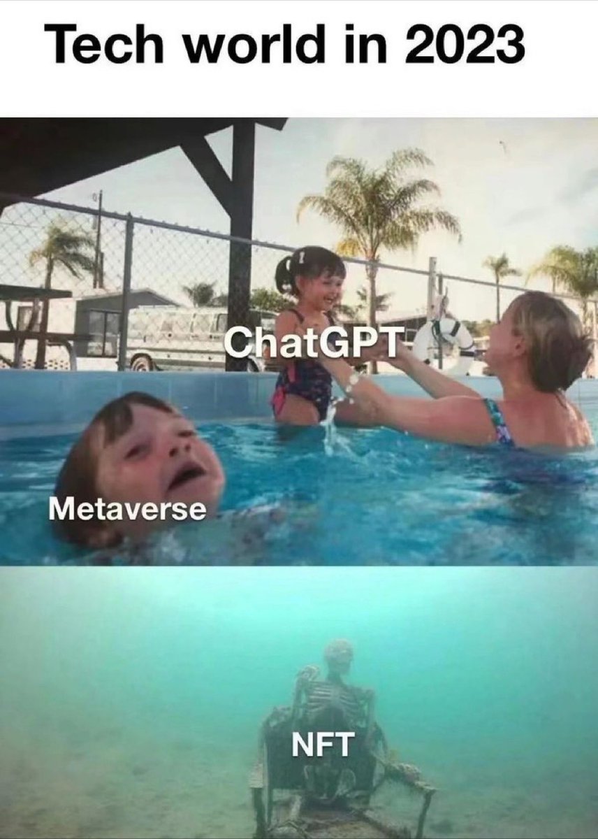 Web3Fintech's tweet photo. This sums up the tech world in 2023 just perfectly 👏

The only thing bigger than ChatGPT could be a startup that uses AI to create NFTs in the metaverse 😉

#chatgpt #ai https://t.co/grBEX0KY0Y