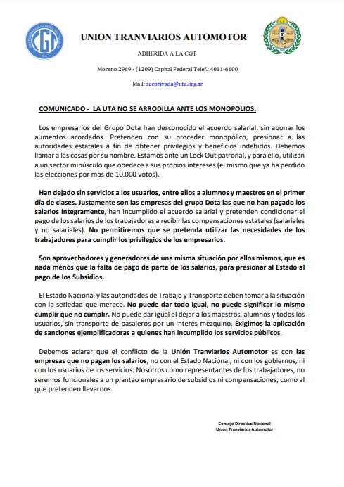 La UTA no se arrodilla ante los monopolios.