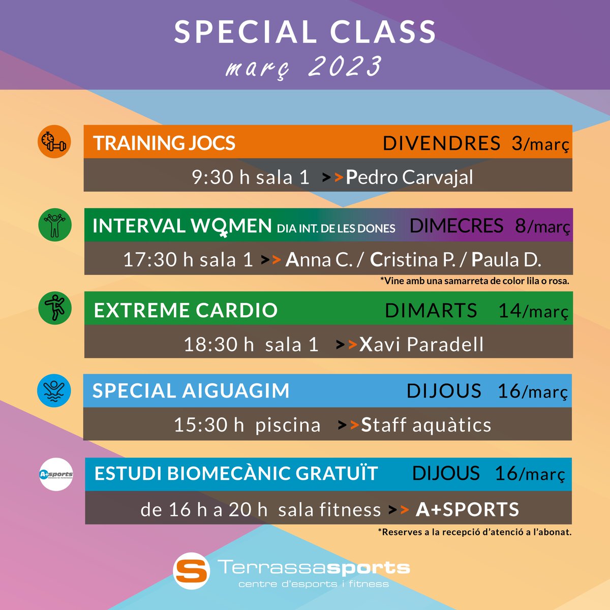 terrassasports's tweet photo. 👉ACTIVITATS ESPECIALS MARÇ'23
#terrassasports #terrassa #esports #gimnas #cosiment #specialclass #fitness #condiciofisica #piscina #padel #masterclasses https://t.co/7AQQ8Ku45R