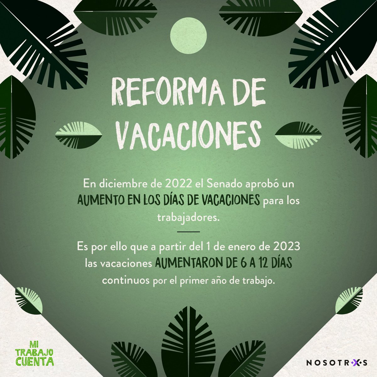 NosotrxsMX's tweet photo. 🟣#TrabajadorasDelHogar y empleadores: con la reforma aprobada por el @senadomexicano, ahora las trabajadoras tienen derecho a 12 días de vacaciones por su primer año laborando.

Si no tomaron días en 2022, pueden juntarlos con los de 2023, ¡es su derecho! https://t.co/l1PpMEcp8I