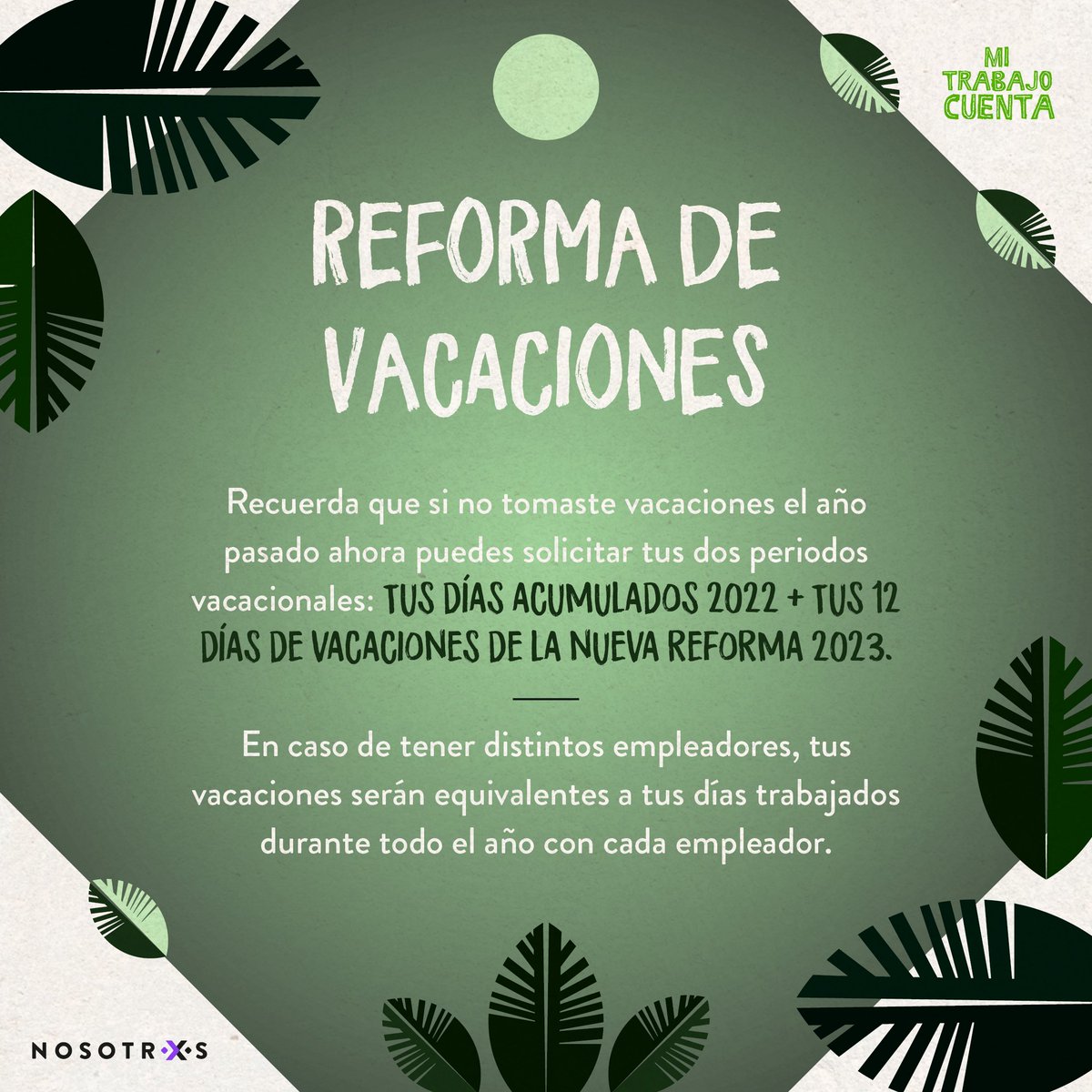 NosotrxsMX's tweet photo. 🟣#TrabajadorasDelHogar y empleadores: con la reforma aprobada por el @senadomexicano, ahora las trabajadoras tienen derecho a 12 días de vacaciones por su primer año laborando.

Si no tomaron días en 2022, pueden juntarlos con los de 2023, ¡es su derecho! https://t.co/l1PpMEcp8I