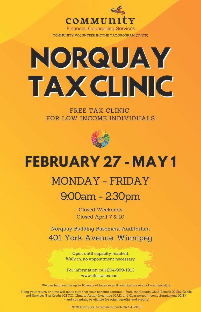 Cfcsmb's tweet photo. We are now open at Norquay for the tax season. Hours of operation are Monday to Friday 9:00am to 2:30pm or until capacity is reached. for more information please visit https://t.co/pSVPwGpK4q or call 204-989-1913 https://t.co/WuYL08kQES