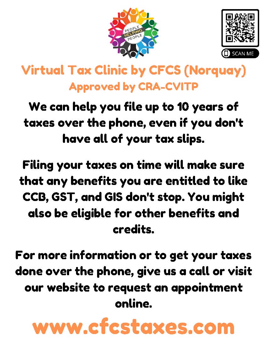 We are now open at Norquay for the tax season. Hours of operation are Monday to Friday 9:00am to 2:30pm or until capacity is reached. for more information please visit cfcstaxes.com or call 204-989-1913