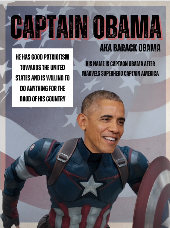 For an assignment in <a href="/Bence_EDU/">Janelle Bence</a> class <a href="/NewTechCoppell/">New Tech High @ Coppell</a>  we turned people into superheroes for #blackhistorymonth2023. I turned <a href="/BarackObama/">Barack Obama</a>  into Captain America. His superpower is to do good for the country. #NTHCinspire
