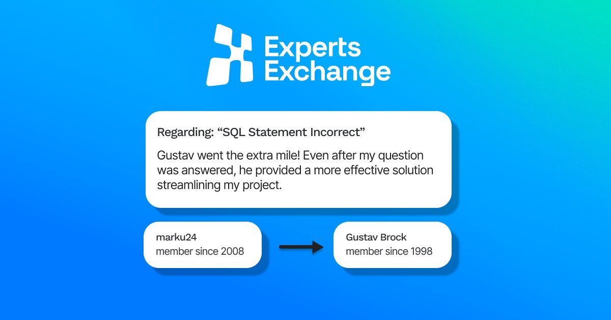 ExpertsExchange's tweet image. People who go the extra mile hold a special place in our hearts! Thanks, @GustavBrock for working hard to help Marku24 with his SQL tech question!
To see other solutions from Gustav, check the link below.
experts-exchange.com/members/cactus…
#SQL #SQLstatement #testimonial #tech