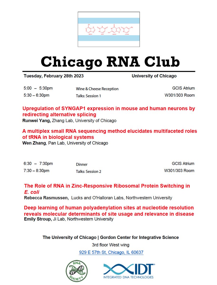 rna_chicago's tweet photo. Join us at UChicago tomorrow at 5 pm for our winter meeting! Please see the attached flyer for more details.

For a Google Map of the location, click here: https://t.co/snT7u76NIy. Take the elevator to the 3rd floor atrium when you walk in the west entrance doors. https://t.co/9aEPgBQaTH