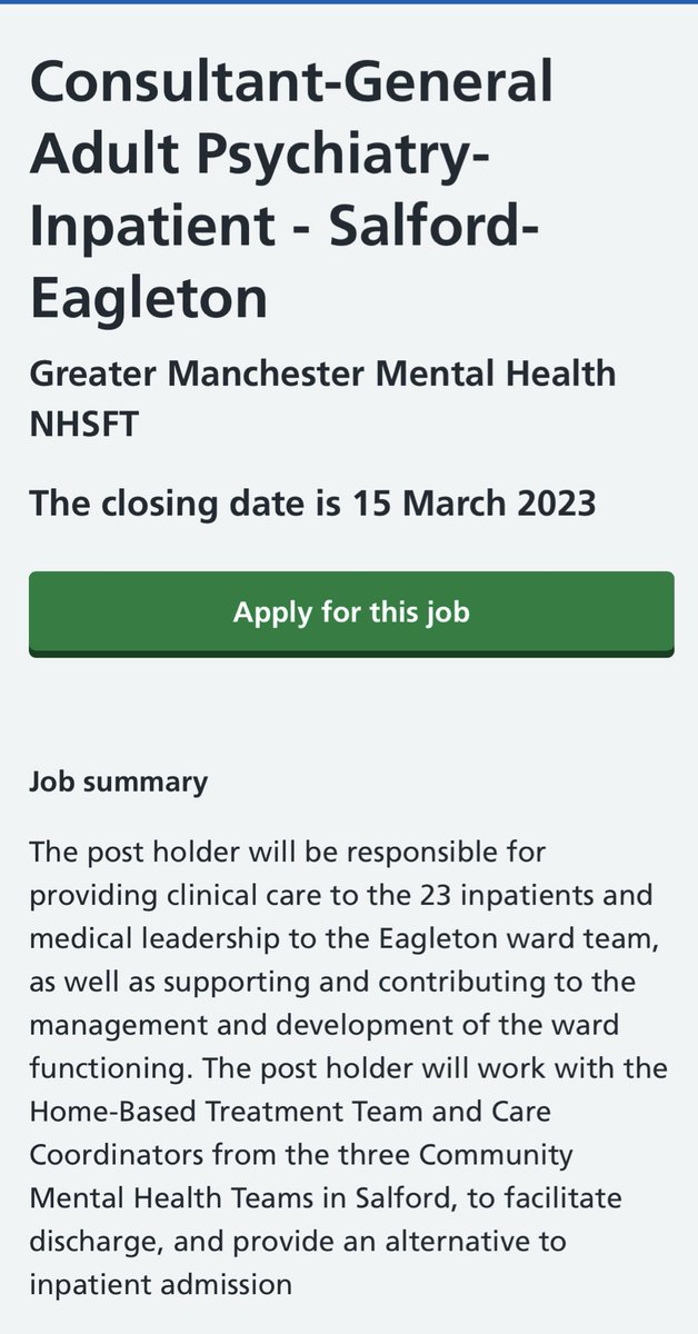🌟 Come &amp; Join our incredible team at Salford Inpatients 🌟

Eagleton Ward is a compassionate, forward thinking team- focused on quality improvement &amp; providing the best care everyday.

APPLY NOW ⬇️⬇️⬇️

beta.jobs.nhs.uk/candidate/joba…

#TakeALookAtMeadowbrook

<a href="/GMMH_NHS/">Greater Manchester Mental Health</a> <a href="/SalfordGMMH/">salfordGMMH</a>