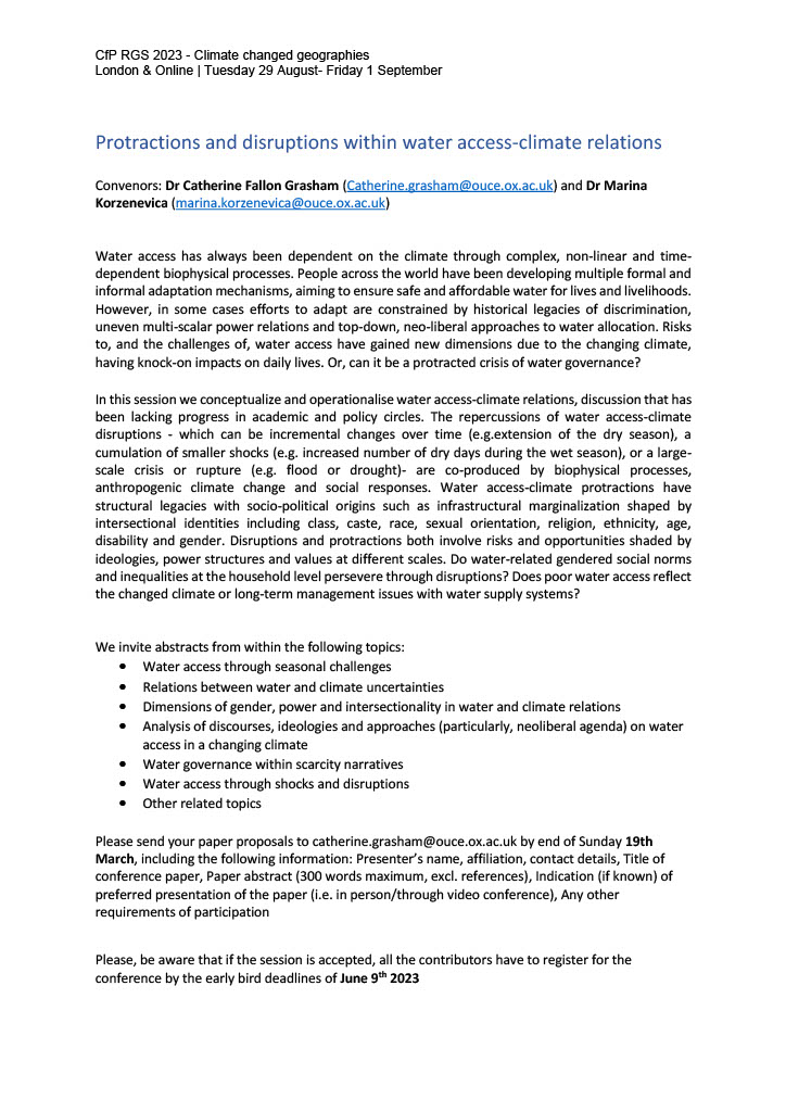 Call for Papers for  #RGSIBG23

📆29th August-1st September
📍London & Online

Do water-related gendered inequalities persevere through climate disruptions? 

Does poor water access reflect the changed climate or long-term mgmt issues?

Send us your abstract!with @CatGrasham