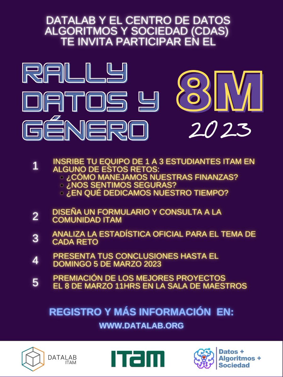 Datalab (@datalabitam) on Twitter photo Tenemos un rally de datos y género rumbo al 8M junto con <a href="/DataAlgoSocITAM/">Centro ITAM Datos📊 + Algoritmos🤖 + Sociedad👥</a> 💜
Si te interesa la ciencia de datos y te gustaría recabar información de la comunidad ITAM, este reto es para ti.
👉 Checa la convocatoria en
drive.google.com/file/d/1C5g4tV… Tenemos un rally de datos y género rumbo al 8M junto con <a href="/DataAlgoSocITAM/">Centro ITAM Datos📊 + Algoritmos🤖 + Sociedad👥</a> 💜
Si te interesa la ciencia de datos y te gustaría recabar información de la comunidad ITAM, este reto es para ti.
👉 Checa la convocatoria en
drive.google.com/file/d/1C5g4tV…
