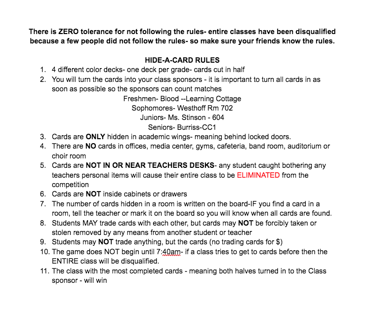 That's right- it's time for #cooperblackmarket  Hide-a-Card day is tomorrow!!  4 decks- 4 grades- 208 - cards-hidden in the academic wings- Follow the rules and win for your class.  #retweet #snap #Play